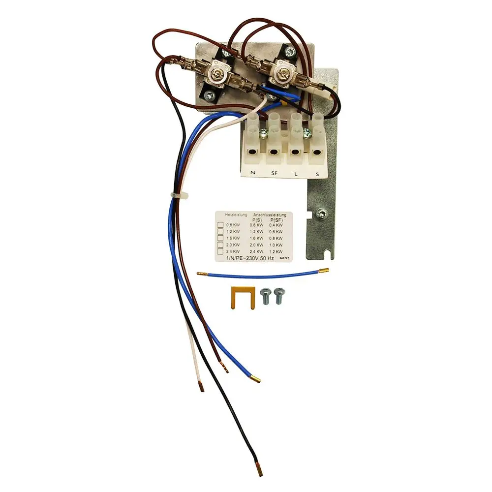 Umbausatz für einen Zweikreisspeicher von Vaillant. Komponenten mit Anschlussklemmen, Kabeln und einer Anleitung für die Installation sind abgebildet.